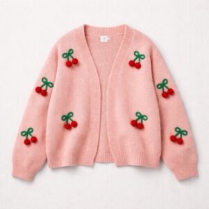 Luna Ivy Pink 3D Cherry Pom Pom Chunky Knit Cardigan Sweater Womens Large